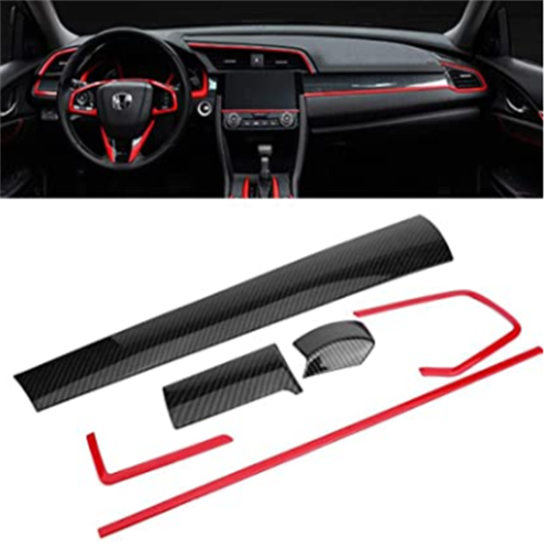 6PCS Civic Accessories Carbon Fiber Center Consoles Panel Stickers Cover Dashboard Trims Strips Inner Decals 